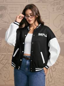 Astro Boy X SHEIN Plus Size Casual Everyday Contrast Color Cartoon Graphic Jacket Winter Fall Autumn - Black and White - View 5