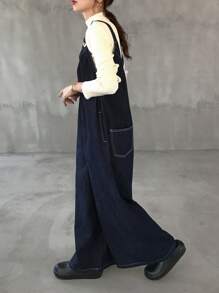 FRIFUL 女士休闲通勤阔腿牛仔连体裤女士工装裤牛仔工装裤背带裤阔腿工装裤牛仔连体裤 - 黑色 - 查看 1