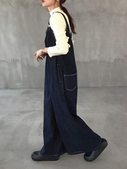 FRIFUL 女士休闲通勤阔腿牛仔连体裤女士工装裤牛仔工装裤背带裤阔腿工装裤牛仔连体裤