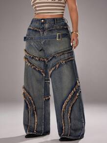 Jeanoix 大码女式纽扣设计磨边阔腿宽松休闲牛仔裤