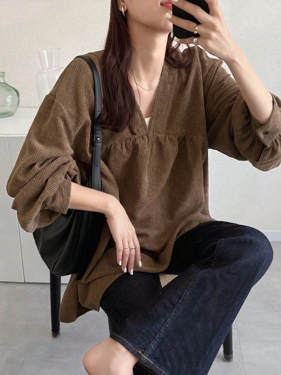 FRIFUL Women's Solid Color V-Neck Long Sleeve Pleated Loose Casual Shirt Brown Tops Brown Blouses Corduroy Tops Brown Corduroy Top V Neck Corduroy Top