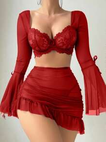 Seduluxe Set de 3 piese: Camizol cu mânecă lungă, plasă contrastantă, sexy, cu volane, cu tiv, tip tanga și armătură, pentru ieșiri în oraș