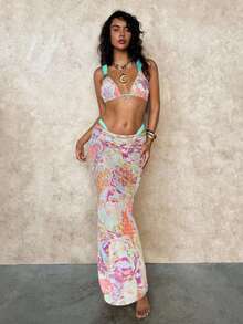 Swim Glamine 女式波西米亚三角杯图案蓝色比基尼泳装罩衫裙套装，优雅休闲春夏季假日海滩派对节日性感影响者 - 彩色 - 查看 5