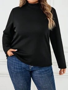 SHEIN CURVE+ 女式黑色长袖保暖内衬保暖T恤，加大码，秋冬