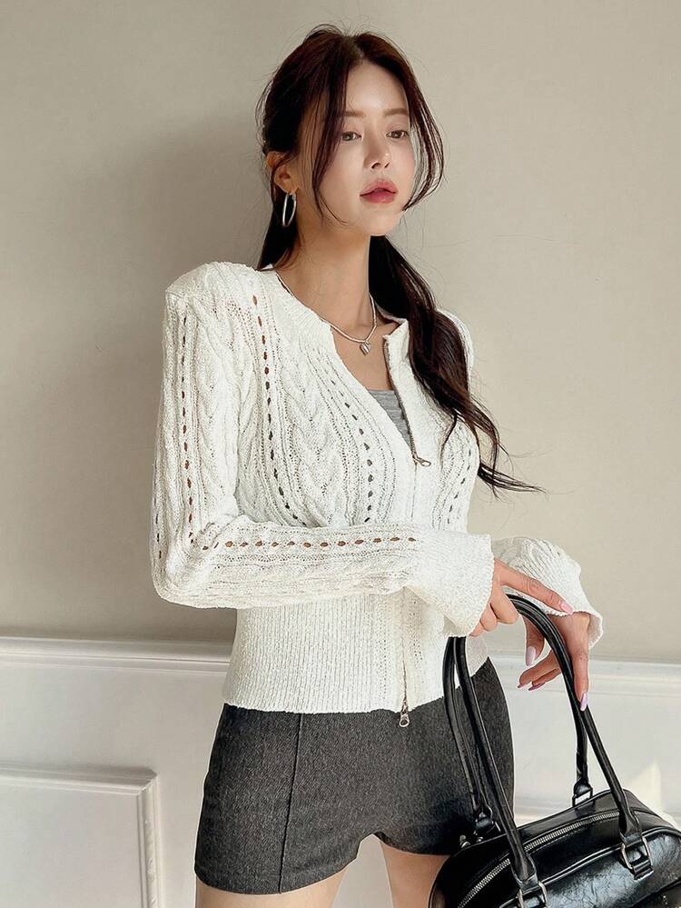 Slim Fit Round Neck Zip-Up Cardigan, Elegant & Slimming