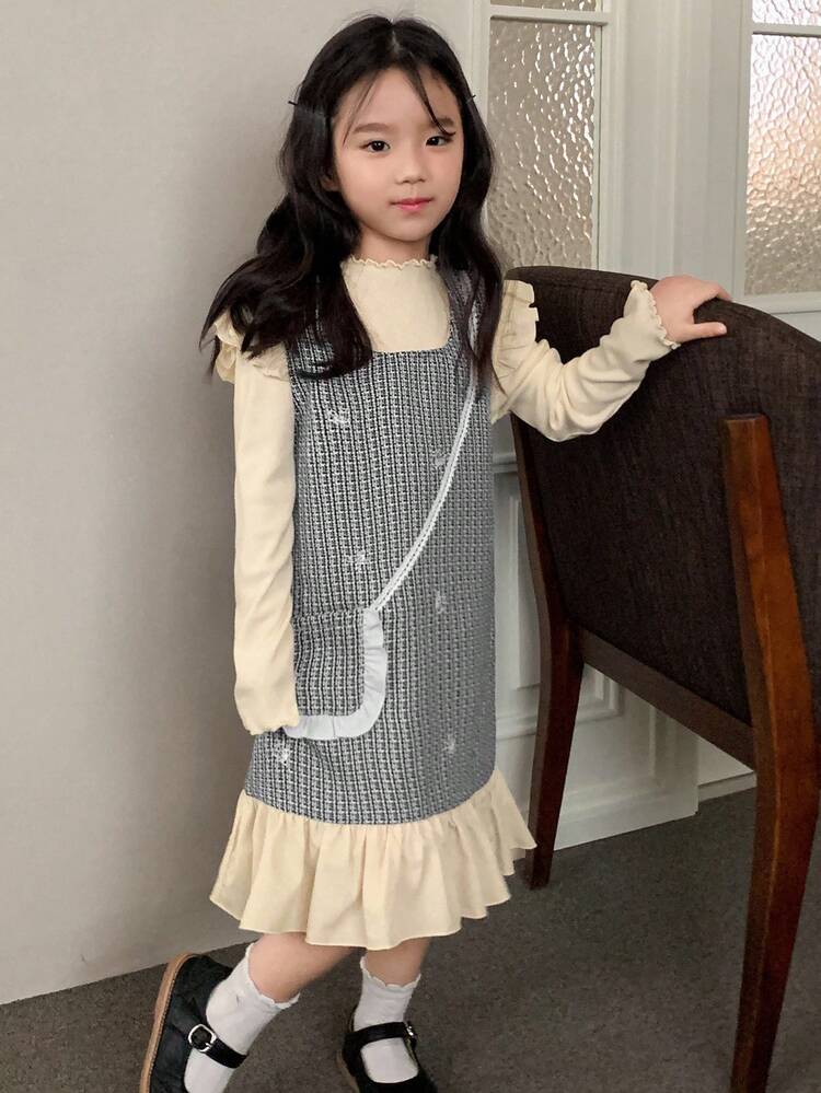 2pcs Young Girl Girls Fall Outfit Set - Turtleneck Knit Top + Pinafore Dress