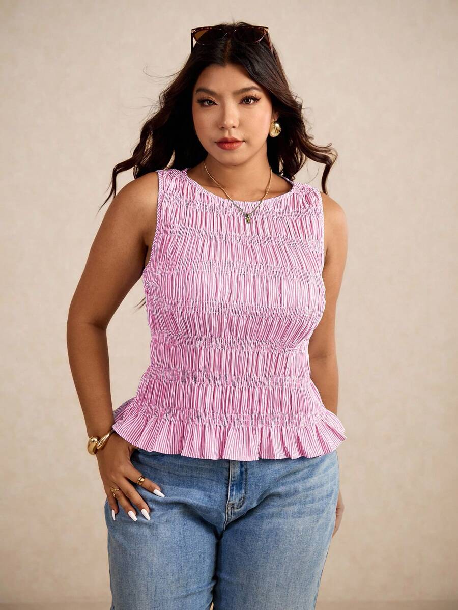 Elaquor 大码女式条纹荷叶边下摆时尚吊带背心 - 粉色 - 查看 1