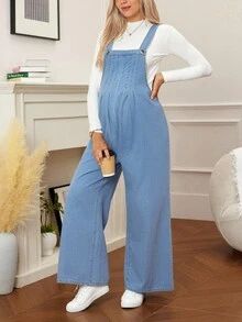 SHEIN Maternity Casual Side Zipper Denim Bib Pants Jumpsuit - Baby Blue - View 6