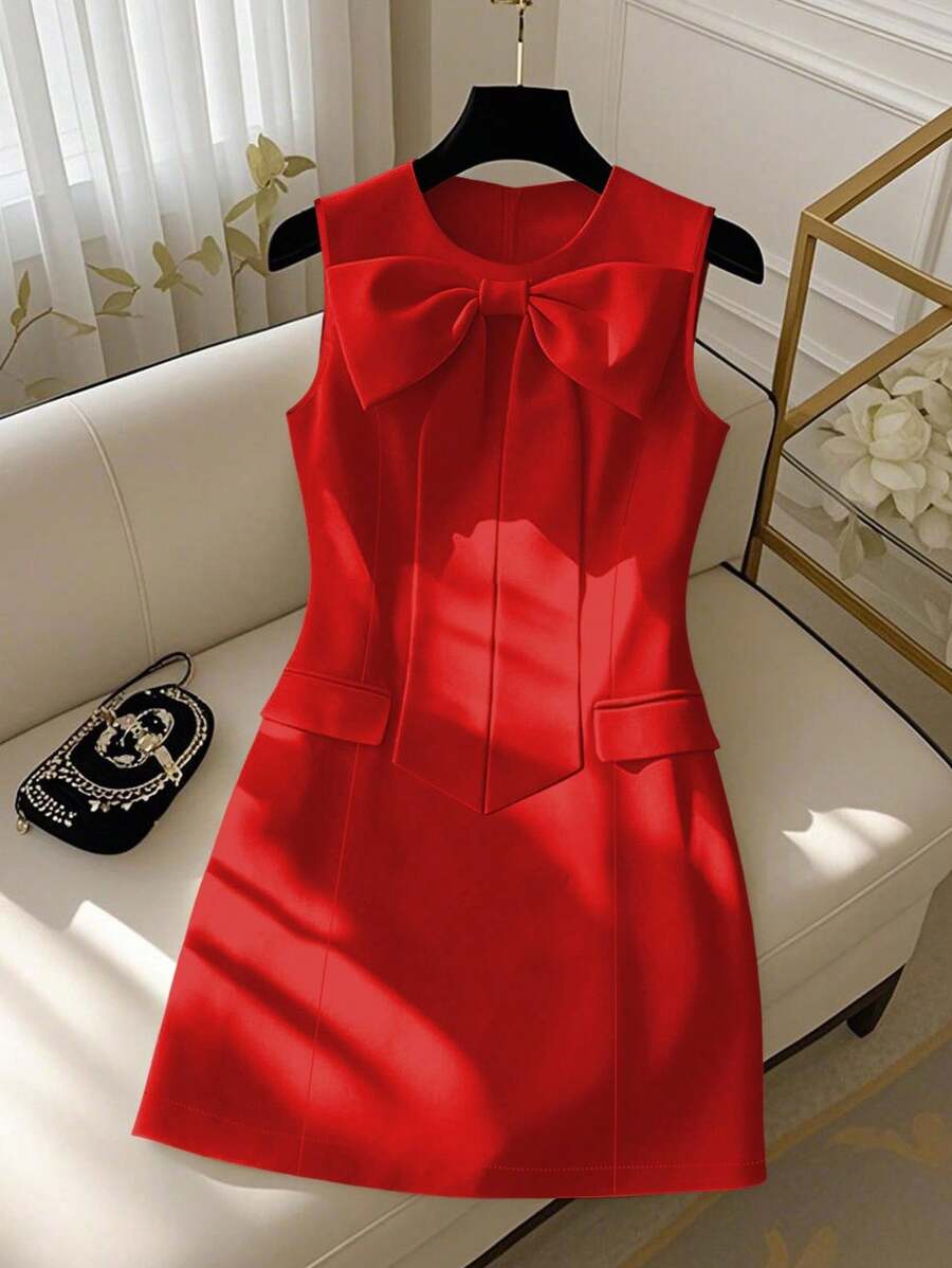 GlowEve Women's White Round Neck Waist Tie Bow Sleeveless Elegant Mini Dress - Red - View 1