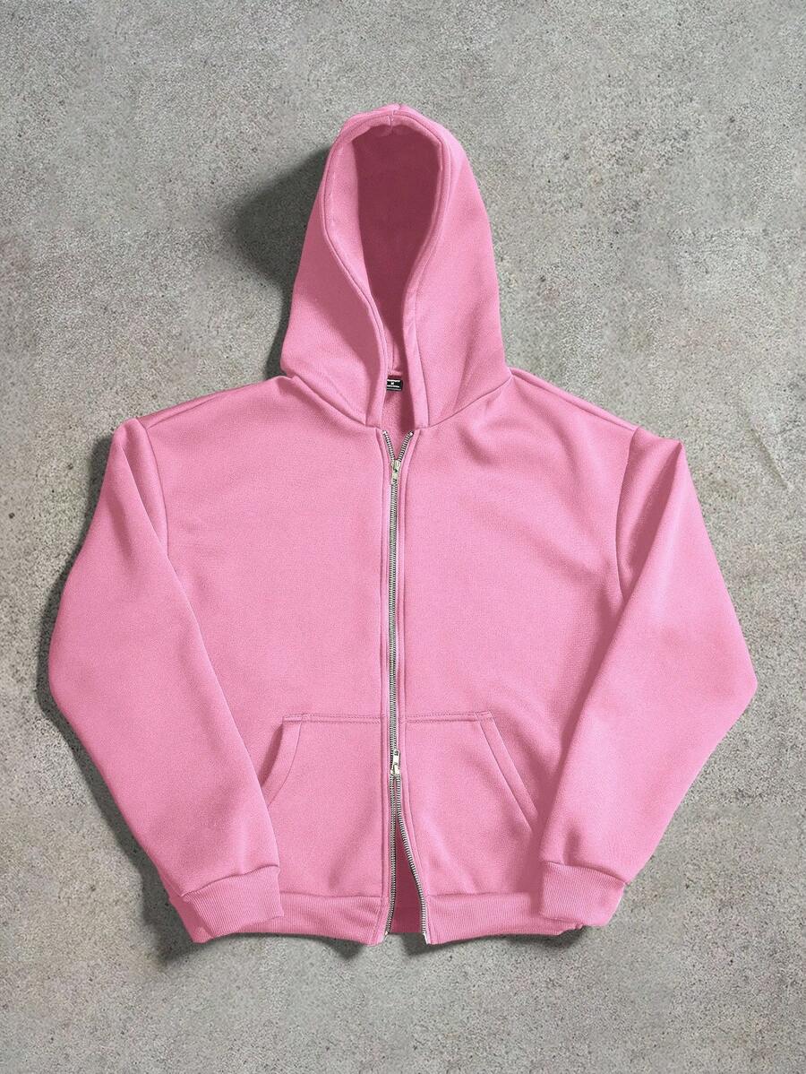 PAVTROS Manfinity Streetrush 男士街头风流行 INS 同款基础款双口袋双拉链休闲保暖连帽衫，适合送给男友/老公，周年纪念礼物，粉色拉链连帽衫，粉色连帽衫，拉链连帽衫，秋冬季 - 粉色 - 查看 1