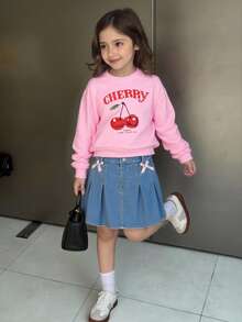 2pcs/Set Tween GirlsSweatshirt Outfit, Casual & Fashionable Sweet Style, Cherry Print Pink Crew Neck Pullover Sweatshirt & Simple Versatile Sweet Bow Skirt, Suitable For Daily Wear, School, Gathering - Pink - View 3