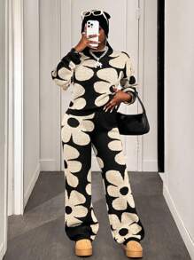 BamGleam 女士休闲花卉图案针织毛衣和裤子两件套，秋冬 - 杏色 - 查看 5