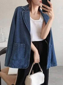 FRIFUL 女式休闲百搭宽松牛仔夹克，带双口袋 - 藍色 - 查看 3