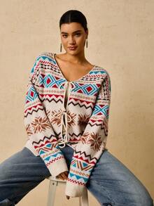 Travachic 大码女式费尔岛图案，前系蝴蝶结针织夹克，复古假日毛衣开衫毛衣上衣女式毛衣系带前毛衣女式开衫冬季毛衣图案毛衣几何毛衣秋季女式圣诞节大码女式毛衣圣诞套头衫 - 彩色 - 查看 3