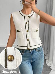 Elenzga 商务休闲女装秋季服装，撞色无袖单排扣针织背心，适合大学校园穿着 - 米色 - 查看 1