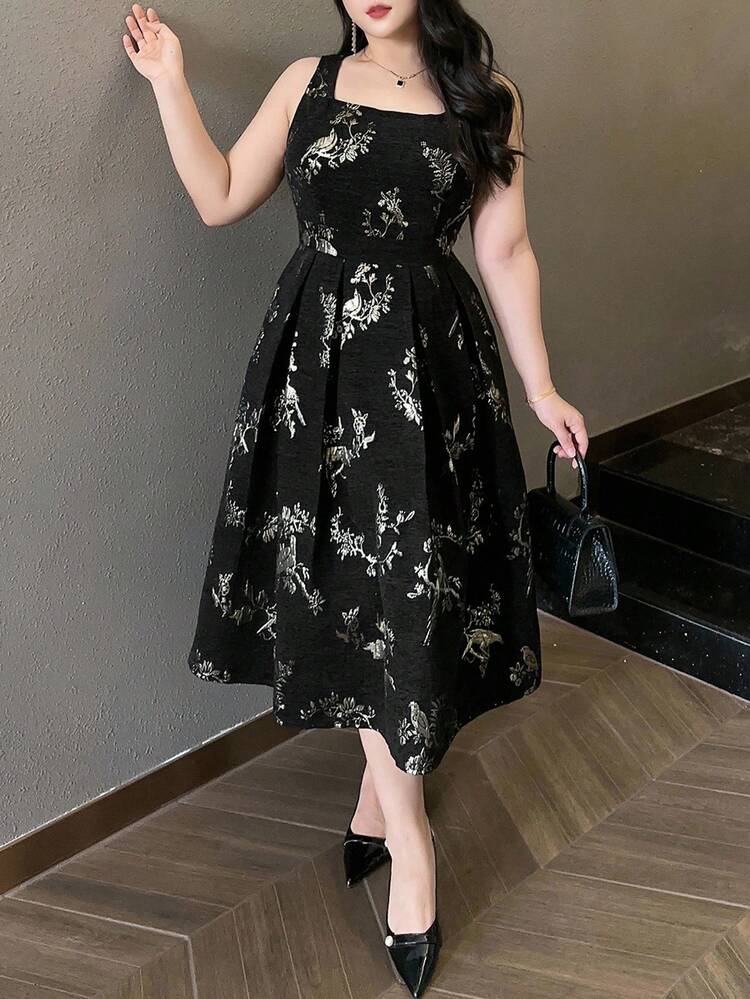 Dazy Plus Floral Print Full Body Flower Layered Sleeveless Black Plus Size Women Elegant Spring Summer Autumn Dress Prom Dress