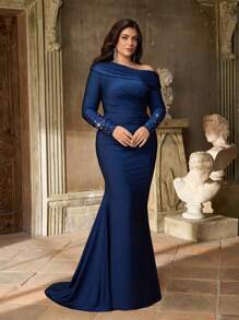 Aureia Plus Size Autumn And Winter Elegant And Gorgeous Dark Blue Asymmetrical Shoulder Long Sleeves With Hot Diamond Cuffs Design Pleated Slim Fishtail Hem With Train Suitable For Dinner Wedding Event Party Dance Date Holiday Evening Dress, Valentine's Day - Blue - View 3