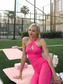 Innovista Hot Pink Summer Sexsy Woman Seamless Workout Jumpsuit Built-In Bra Gym Stretchy Yoga Romper Backless Mesh Cutout Breathable Tummy Control Workout Suit - Hot Pink - View 3