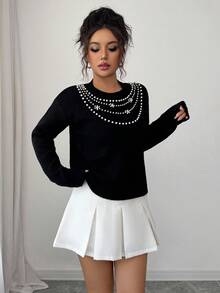 Selianne Women's Faux Pearl & Rhinestone Embellished Crew Neck Loose Fit Elegant Sweater Fall Winter Cloth For Women - Black - View 6