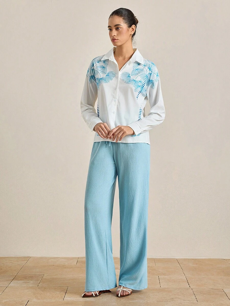 SHEIN LUNE 2 件花卉印花度假休闲衬衫和裤子套装 - 藍色 - 查看 1