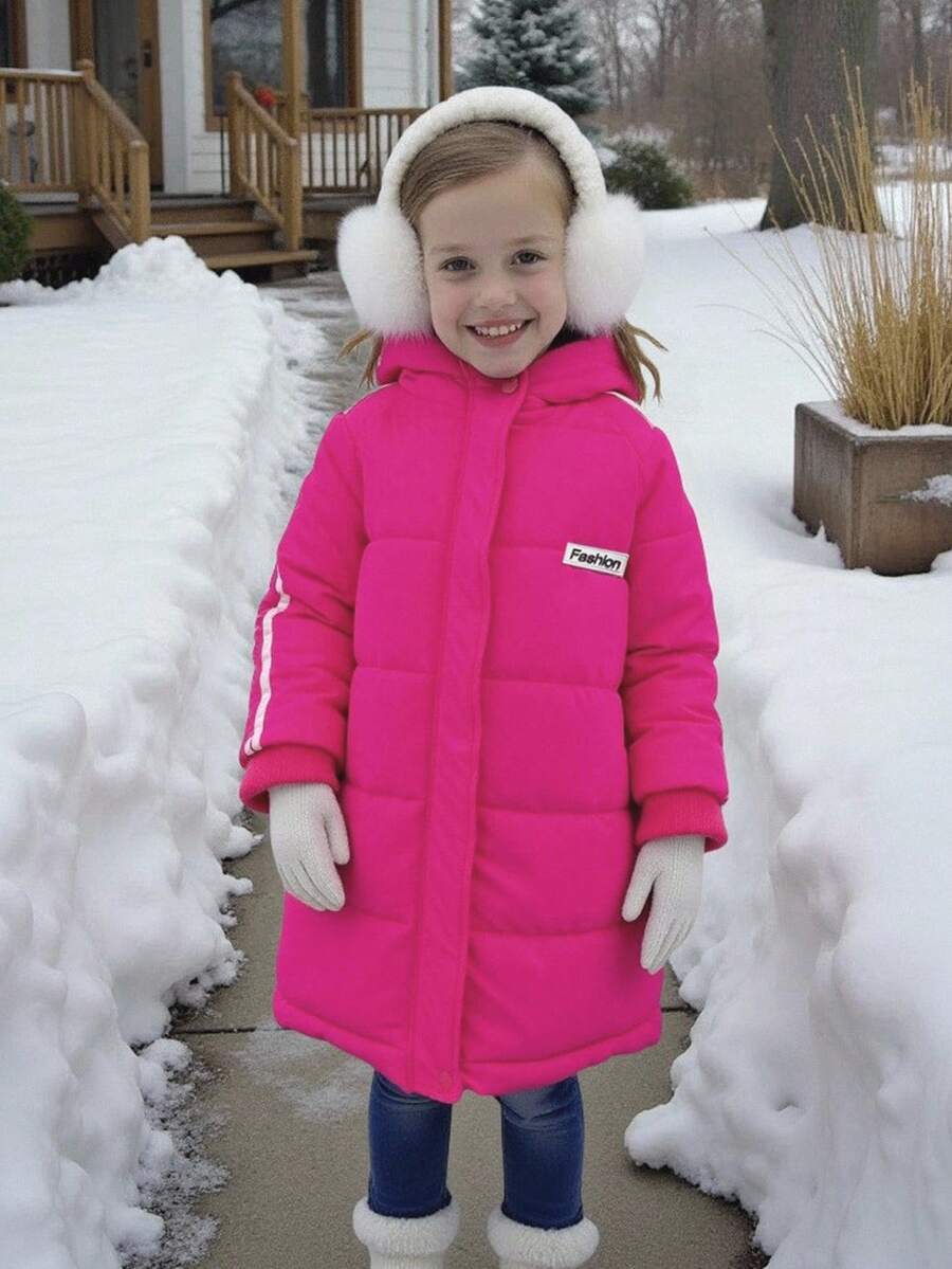 新款少女长款欧美风简约品牌经典连帽粉色棉服外套 - 玫紅色 - 查看 1