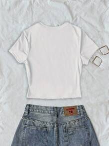 INAWLY Women's Letter & Floral Print Round Neck Short Sleeve Casual T-Shirt