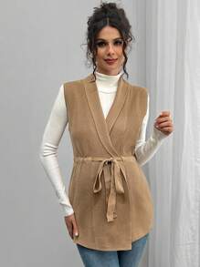 SHEIN Áo khoác len cardigan dệt kim không tay cổ rút dây buộc màu trơn cho bà bầu - màu nâu - Xem 4