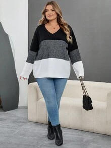 SHEIN CURVE+ Maglione oversize in stile patchwork, abbinamento di colori nero, grigio e bianco, adatto per l'autunno e l'inverno - Multicolore - Visualizzare 6