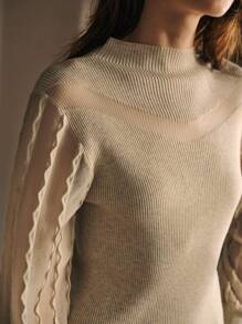 MOTF PREMIUM 对比色网眼修身毛衣 - 卡其色 - 查看 3