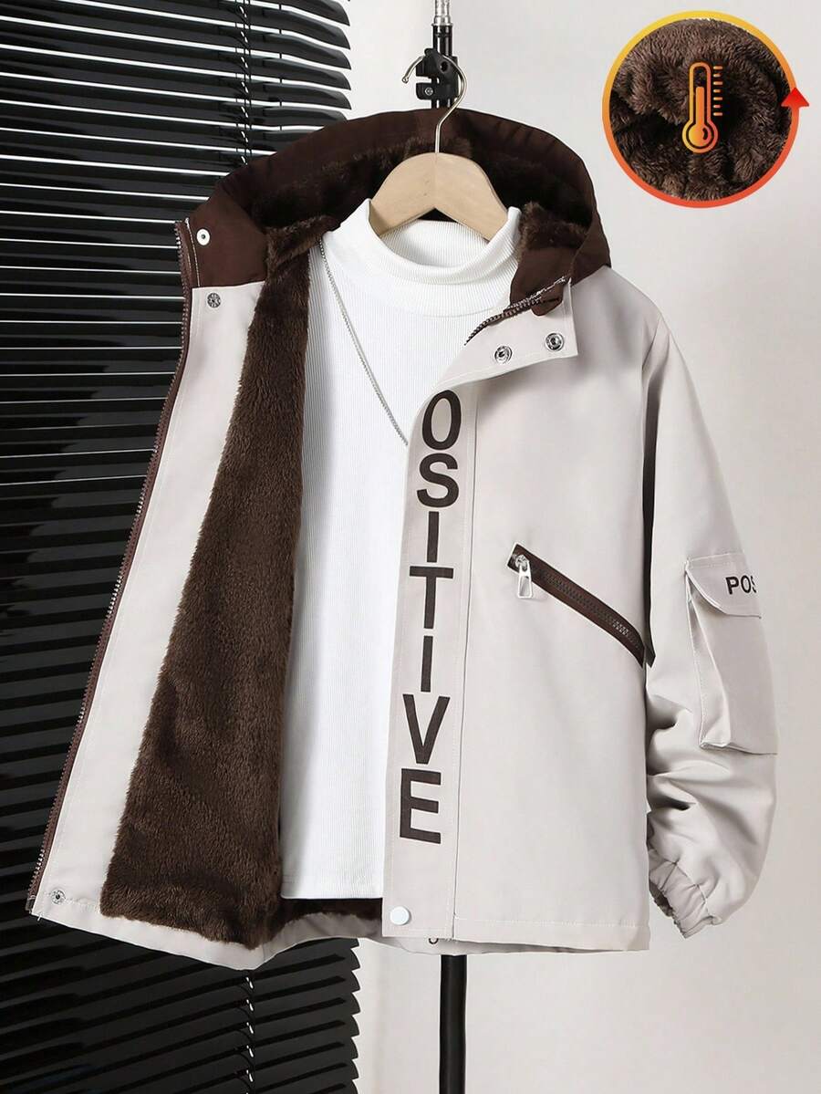 男童休闲街头风字母滚边抓绒连帽外套，适合秋冬季上学和外出穿着 - 灰色 - 查看 1