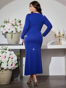 Modelyn Autumn/Winter Oblique Collar Long Sleeve Fitted Mermaid Hem Knitted Dress - Navy Blue - View 2