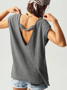 Bohemela 女士休闲纯色针织圆领短袖宽松水洗T恤 - 灰色 - 查看 7