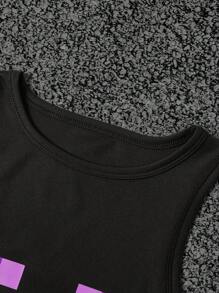 SHEIN 女式 Y2K 紫眼图形像素色块黑色短款运动背心，性感俱乐部服装，朋克街头风格，图形印花，哥特美学，休闲夏季上衣，露脐 T 恤 - 黑色 - 查看 3