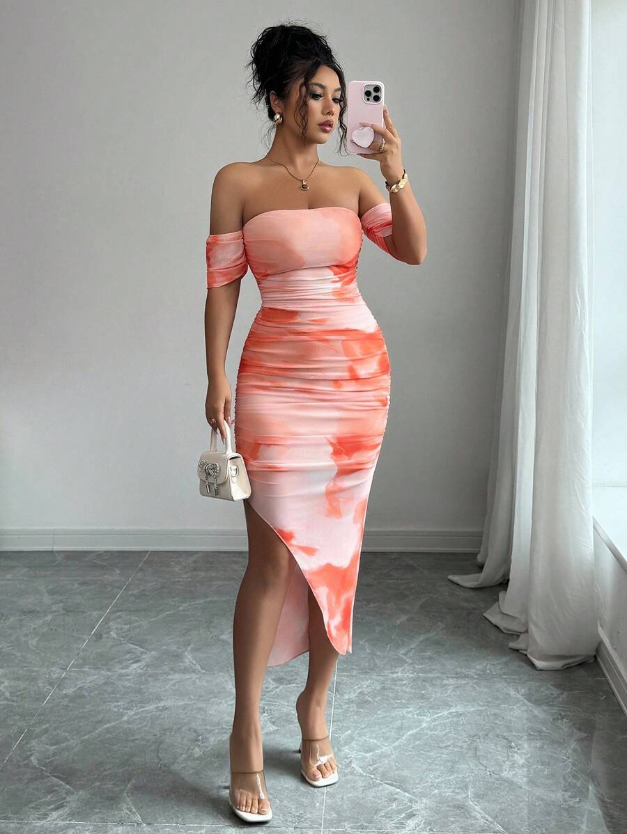 Selianne 女士优雅露肩扎染开衩修身连衣裙，秋季长款女装 - 橘色 - 查看 1