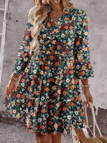 EMERY ROSE Casual Ditsy Floral Mini Dress For Women, Suitable For Summer, Multi-Layer Ruffle Skirt, Puff Sleeve, Retro Ditsy Ditsy Floral,Casual Dresses For Women Chic Dress - Multicolor - View 4