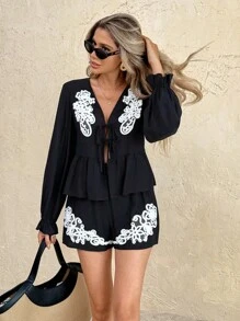 SHEIN Frenchy 2pcs Women Casual Long Sleeve Top And Loose Shorts Set Fall Women Clothes  Black Romper Women Vacation Romper Winter Black - Black - View 3