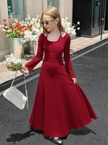 SHEIN Serisse Kids Đầm dài tay cạp trễ màu trơn thời trang thường ngày thanh lịch cho bé gái tuổi teen - Màu Đỏ Sâu - Xem 12