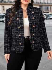 SHEIN Clasi Jacke in Große Größen für Damen, elegante leichte bedruckte Tweed-Jacke mit goldfarbenen Knopfverzierungen, vielseitig einsetzbar für Lässig, Büro, Herbst Outfits für Lehrerinnen in Große Größen, Bürooutfits für Damen, Lehrerinnen-Outfits, Ausgehoutfits - Schwarz und Weiss - Übersicht 2