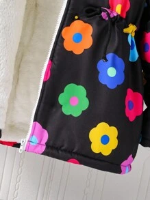 Abrigo con capucha de piel sintética con estampado floral colorido casual para niñas, adecuado para uso diario y para ir al trabajo, otoño/invierno - Multicolor - Ver 6