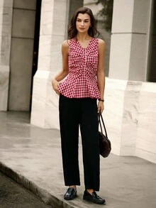 Hanevo Áo sơ mi kẻ caro không tay thời trang dành cho nữ, mùa hè - Nhiều màu - Xem 5