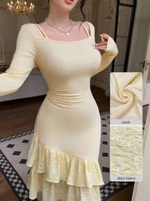 Modelyn 黄色针织刺绣花卉不对称方领腰部收褶连衣裙 - 黃色 - 查看 1
