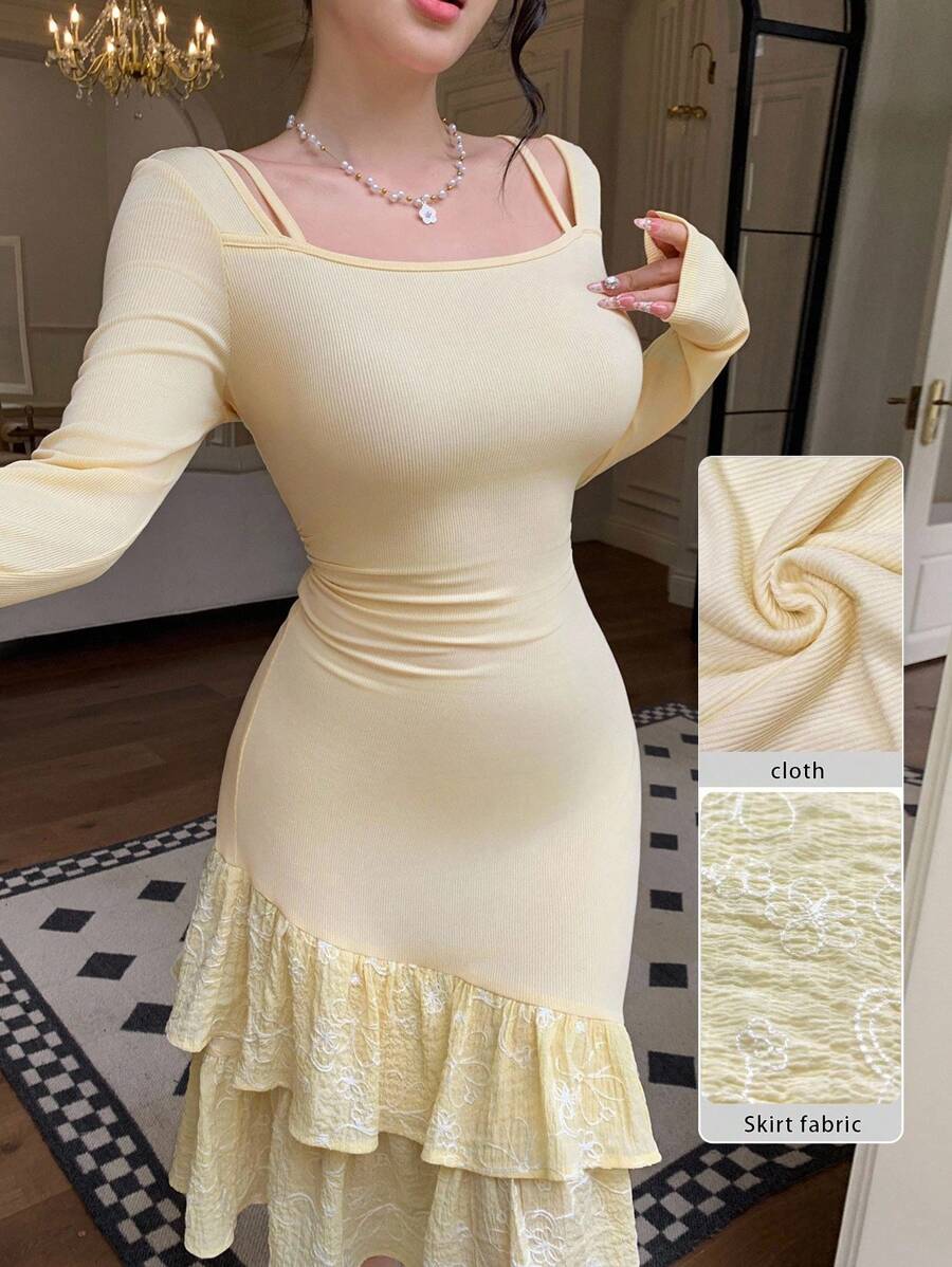 Modelyn 黄色针织刺绣花卉不对称方领腰部收褶连衣裙 - 黃色 - 查看 1