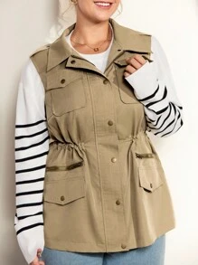 Momelise Plus Size Women's Solid Color Turndown Collar Single-Breasted Zipper, Practical Pocket Drawstring Waist Sleeveless Casual Jacket Winter Fall Autumn - Khaki - View 6