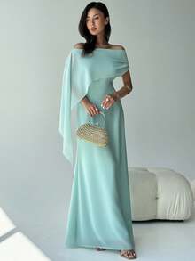 Aloruh New Off Shoulder Boat Neck Asymmetric Ruffle Fitted Dress, Elegant Birthday Party Cocktail Dress, Long Maxi Green Mermaid Hem Gown,Fall Dresses For Women,Prom Dress,Fall Wedding Guest Dress