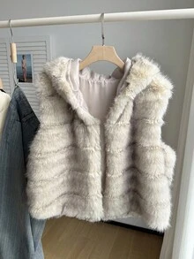 Comfortcana 大码女式无袖人造毛皮连帽休闲扎染大衣