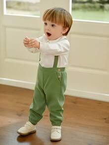 Souflis Souflis 2 件套男婴休闲白色长袖上衣和浅绿色无袖连体裤，秋冬 - 彩色 - 查看 5