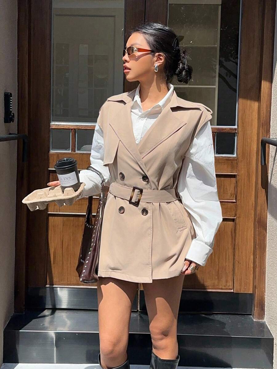 SHEIN EZwear Double-Breasted Lapel Sleeveless Trench Coat, Back To School,Fall - Khaki - View 1