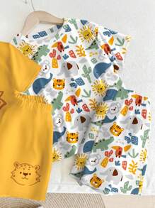 Bubblio 2件套卡通猎豹、大象、鳄鱼、鲸鱼、老虎印花宽松休闲家居服，柔软舒适的儿童精选系列，日常基本款，快乐的孩子，柔和的色彩，适合夏季 - 彩色 - 查看 5