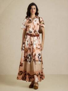 Briarwyn Women's Fashion Commuter Western Style Satin Printed Button Front Long Dress,Fall Dresses,Button Up Shirt Dress Women Old Money Style Women Elegant Dresses For Women