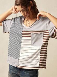 Bohemela Plus Size Summer Casual Striped Patchwork Short Sleeve T-Shirt